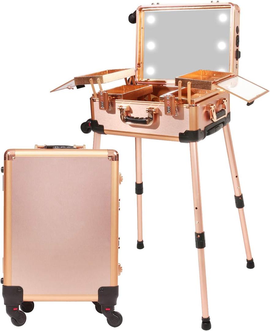 Medium Makeup Train Case with Code Lock, Lighted Mirror, Speaker Travel Cosmetic Organizer Box, Professional Artist Trolley Studio Free Standing Case (rose gold)
