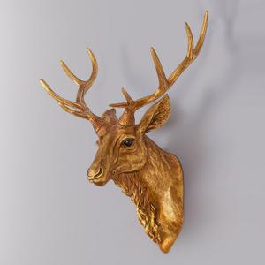 Bodun Deer Head Wall Mount Decor 14.5 inches Faux Deer Head Sculpture for Bar Background Wall Mount Home Living Room Wall Art Christmas Decoration Resin Antler Decor (Gold)