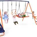Swing Sets with Slide for Backyard 700lb 5in1 Playground Set Teeter Totter
Large Metal Frame with 2 Adjustable Swings, Ring Trapeze Bar, Slide Teeter Totter Outdoor Playset Swingset for Kids