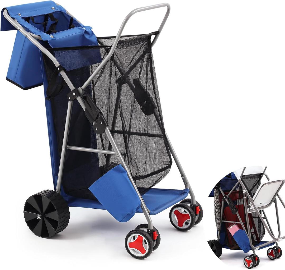 DoubleFill Beach Cart with Big Wheels for Sand Foldable Beach Buggy Wide Wheel Storage Wagon Lightweight Rust Free Aluminum Frame with Body Board Holder Removable Tote for Most Terrain