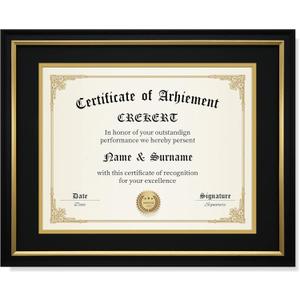 CREKERT Diploma Frame 11x14 Degree Frame Solid Wood Shatter-Resistant Glass for Documents Certificate Blackgold Frame 8.5x11 with Mat (Black Mat, 1 Pack) (11x14 inch, Black + Goldem Rim)
