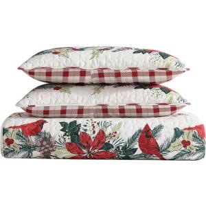 Beatrice Home Fashions Lightweight Full/Queen Holiday Quilt Bedding Set Cardinal Garland, Poinsettia, White, Red, Green