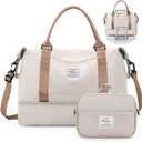 Weekender Bags for Women,Personal Item Travel Bag with Shoes Compartment,Overnight Travel Duffel Bag with Toiletry Bag (Large, Wr-Beige&Brown with Laptop Pocket)