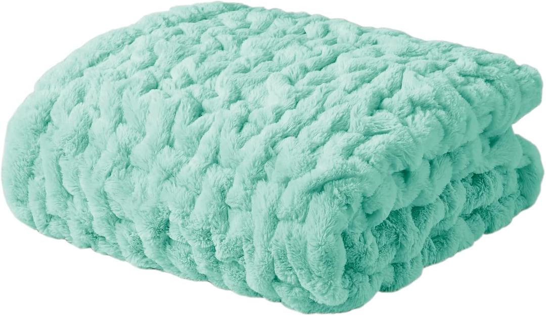 Throw Soft Cozy Brushed Long Faux Fur For Bed, Couch or Sofa, 50"x60", Aqua OEKO-TEX STANDARD 100