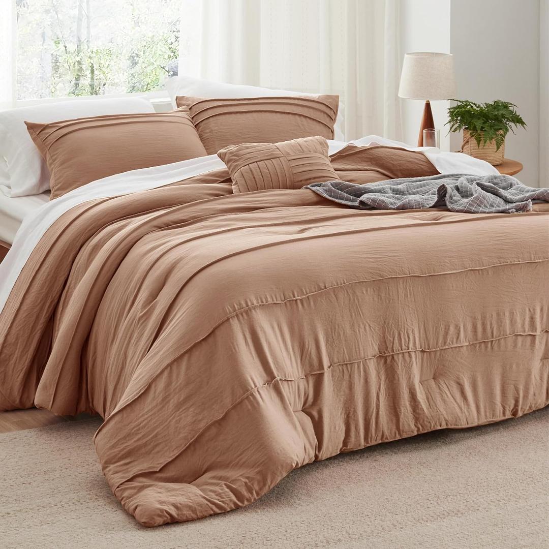 Bedsure California King Comforter Set - 4 Pieces Pinch Pleat Bed Set, Taupe Boho Bedding for All Season, 1 Soft Comforter, 2 Pillowcases, 1 Decorative Pillow