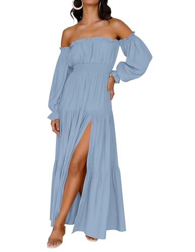 ZESICA Women's Boho Off Shoulder Spring Long Sleeve Dress 2026 High Waist Side Split Sexy Flowy A Line Long Maxi Dresses LightBlue Large