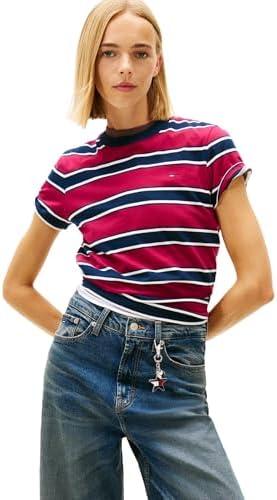 Tommy Jeans Women's Short Sleeve Cotton Striped T-Shirts with Embroidered Flag Logo, Medium