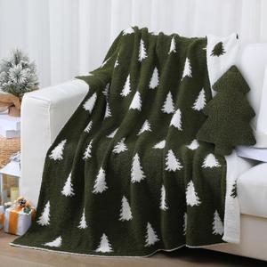 Christmas Tree Throw Blankets and Pillow Gift Set 50 x 60 Inch Double Sided Green Flannel Blanket and Plush Xmas Tree Throw Pillows Cushions for Xmas Winter Couch Sofa Bed Decorations