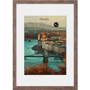 16.5x23.4 A2 Picture Frame Matted to A3 Rustic Brown Wood Display Photo Puzzle Artwork Canvas Art Painting 11.7 x 16.5 with Mat or 16.5 by 23.5 without Mat Horizontal and Vertical for Wall Hanging