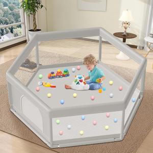Hiaksedt Large Baby Playpen 65x65 Inch, Play Pens for Babies and Toddlers Hexagonal Type Baby Play Yards for Indoor & Outdoor with Breathable Mesh Anti-Fall (Grey)