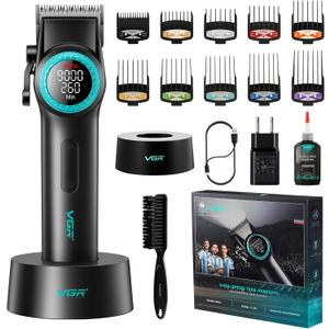 VGR 001 Professional Hair Clippers for Men, Cordless Barber Clippers for Hair Cutting, Carbon Steel Blade Hair Trimmers for Barbers, 9000RPM, LED Display, Black