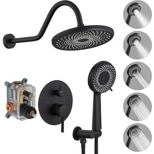 BWE Matte Black Shower System Wall Mounted Shower Faucet Mixer Set 8.9 Inches High Pressure Rain Shower Head Faucet and 5-Setting Handheld Spray with Shower Valve and Trim Kit