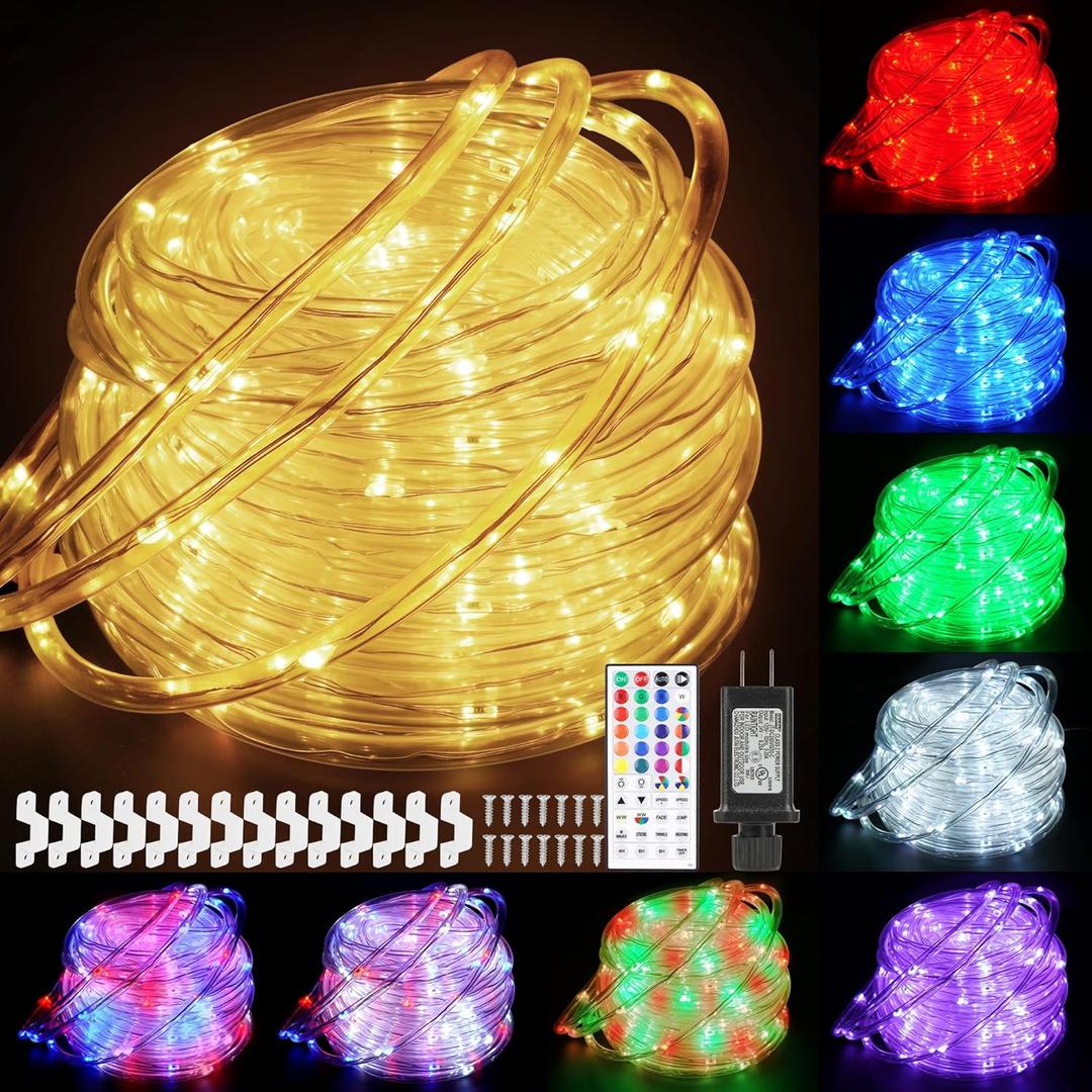 50ft 150LED Rope Lights Outdoor String Lights, 24 Colors+Warm White Outdoor LED Lights Plug in, RGB Color Changing Rope Light with Remote Rope Lighting for Camping Garden Patio Party Christmas