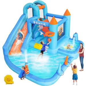 Inflatable Bounce House Water Slide for Kids, 138 x 121 x 82 Inch Bouncy Castle with Deep Pool, Rings, Climbing Wall, Splash Pool, Target Balls, Basketball Hoop, Blower Included
