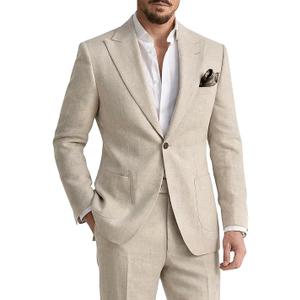 Men's 2 Pieces Linen Suits Casual Lightweight Summer Beach Groom Wedding Suit Linen Blazer Pants Set, Beige XXXL