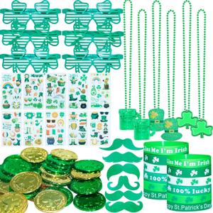 166 PCS St. Patrick's Day Accessories Party Decorations, Tattoo Stickers, Shamrock Glasses, Mustaches and Coins, Irish St. Patrick's Day Green Party Favors