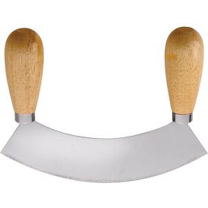 HIC Kitchen Mezzaluna Rocking Chopper And Mincing Knife With Double Handles, Stainless Steel, Rubberwood, For Herbs Vegetables Nuts And More