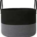 65L Extra Large Blanket Basket for Living Room - Woven Cotton Rope Laundry Hamper with Reinforced Handles - Storage Bin for Pillows, Comforters & Toys - Machine Washable,Black&Grey