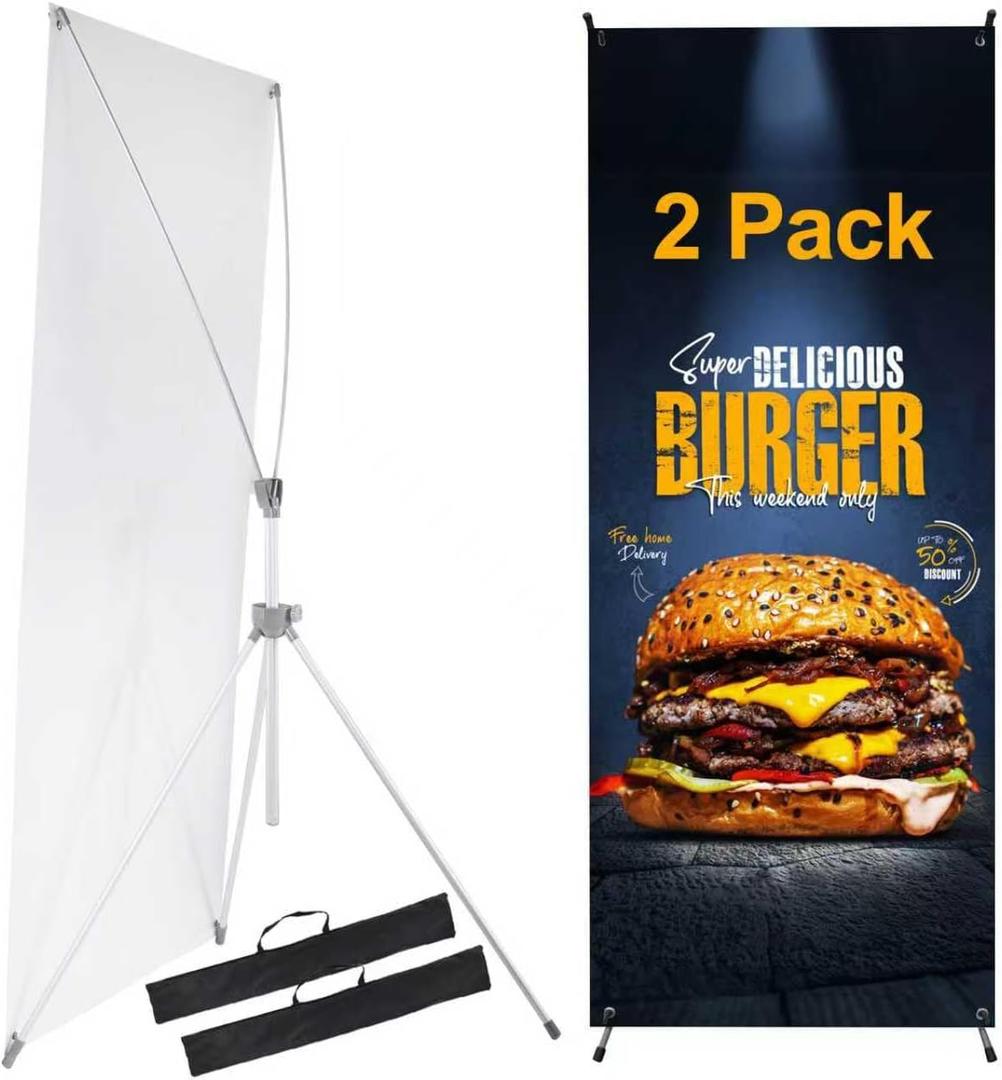 YOSE X Frame Banner Stand Fits Any Banner Adjustable Size 23"X63" to 32"X78" with Portable Retractable Carrying Bag, Customize Stand for Trade Show Exhibition Market (2PacksIndoor Use)