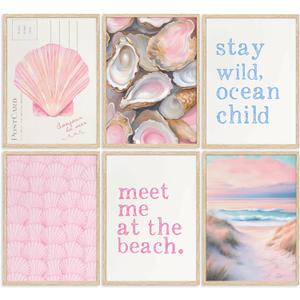 Pink Beach Preppy Wall art Coastal Granddaughter Aesthetic Room Painting Picture Wall Decor Shells Oyster Poster Print Artwork for Girls Room Girls Dorm Home Decoration (10L"x8W")