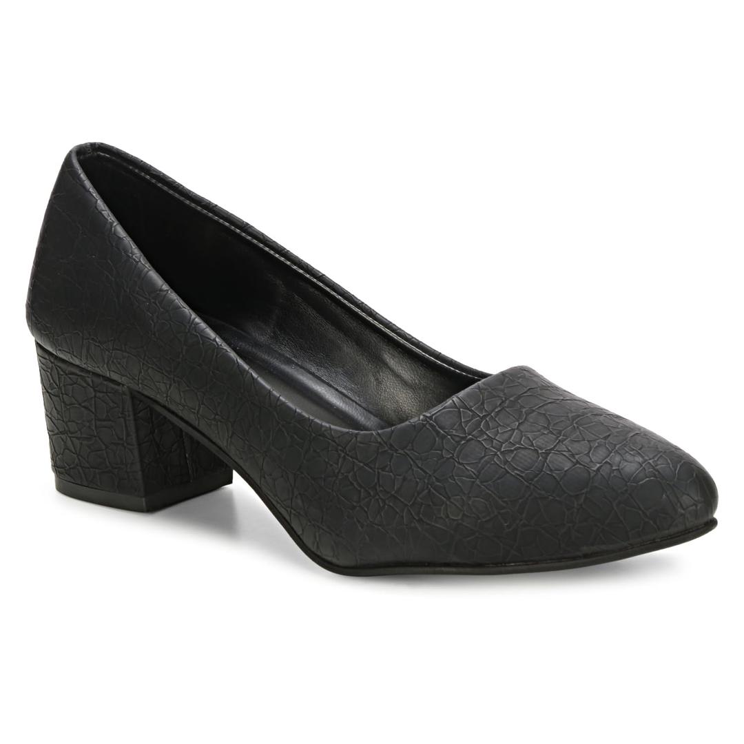 Women's Chunky Low Block Heel Pumps Shoes | Synthetic Textured Pointed Toe Dress Shoes | Closed Toe, Slip On Comfortable 2-Inch Heel for Office, Casual, and Party Wear (9, Black)
