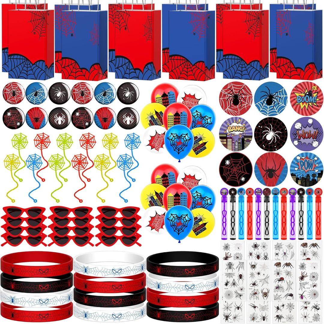 100pcs Spider Party Favors, Hero Theme Birthday Party Supplies Including Silicone Bracelets Sticky Spider Webs Bubble Wands Temporary Tattoos, Birthday Decorations Classroom Rewards for Kids