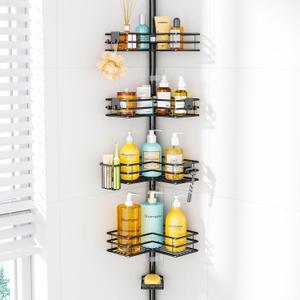 HapiRm Corner Shower Caddy Organizer - Shower Organizer Corner with Soap Holder, Toothbrush Holder and 4 Hooks, Rustproof Bathroom Shelf Tension Pole or 27.6 to 108.3 Inch - Black