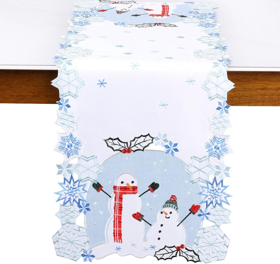 Blue Snowman Table Runner Christmas Embroidered Snowflake 36 Snow White Dinning Table Decorations Winter Holiday Xmas