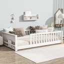 Twin Size Kids Montessori Floor Bed, Twin Floor Bed Frame with Slats and Bookcase, Solid Wood Montessori Bed for Girls Boys, White
