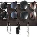 Emibele Sunglass Organizer Wall Key Holder, Decorative Wood Wall Jewelry Organizer Glasses and Sunglass Holder Display with 5 Hooks Key Rack Hanging Eyeglass Storage for Entryway Living Room, Grey