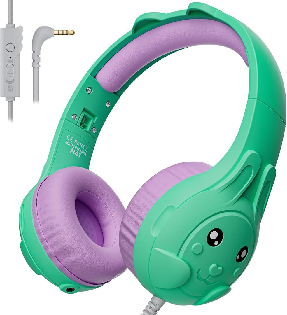 ZIUMIER Kids Headphones, with Microphone, 80/90dB Volume Limiter, Audio Sharing Port, 3.5mm Wired Toddler Headphones for School Travel (Light Green)