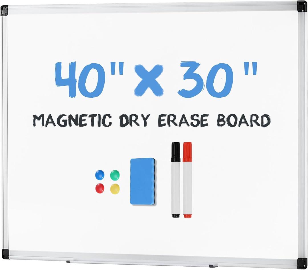 DUMOS Magnetic White Board Kit for Wall 40" x 30", Dry Erase Board with 1 Dry Eraser & 2 Multicolor Markers & 4 Magnetic Pins, Silver Reinforced Aluminum Frame for Home, School, Office