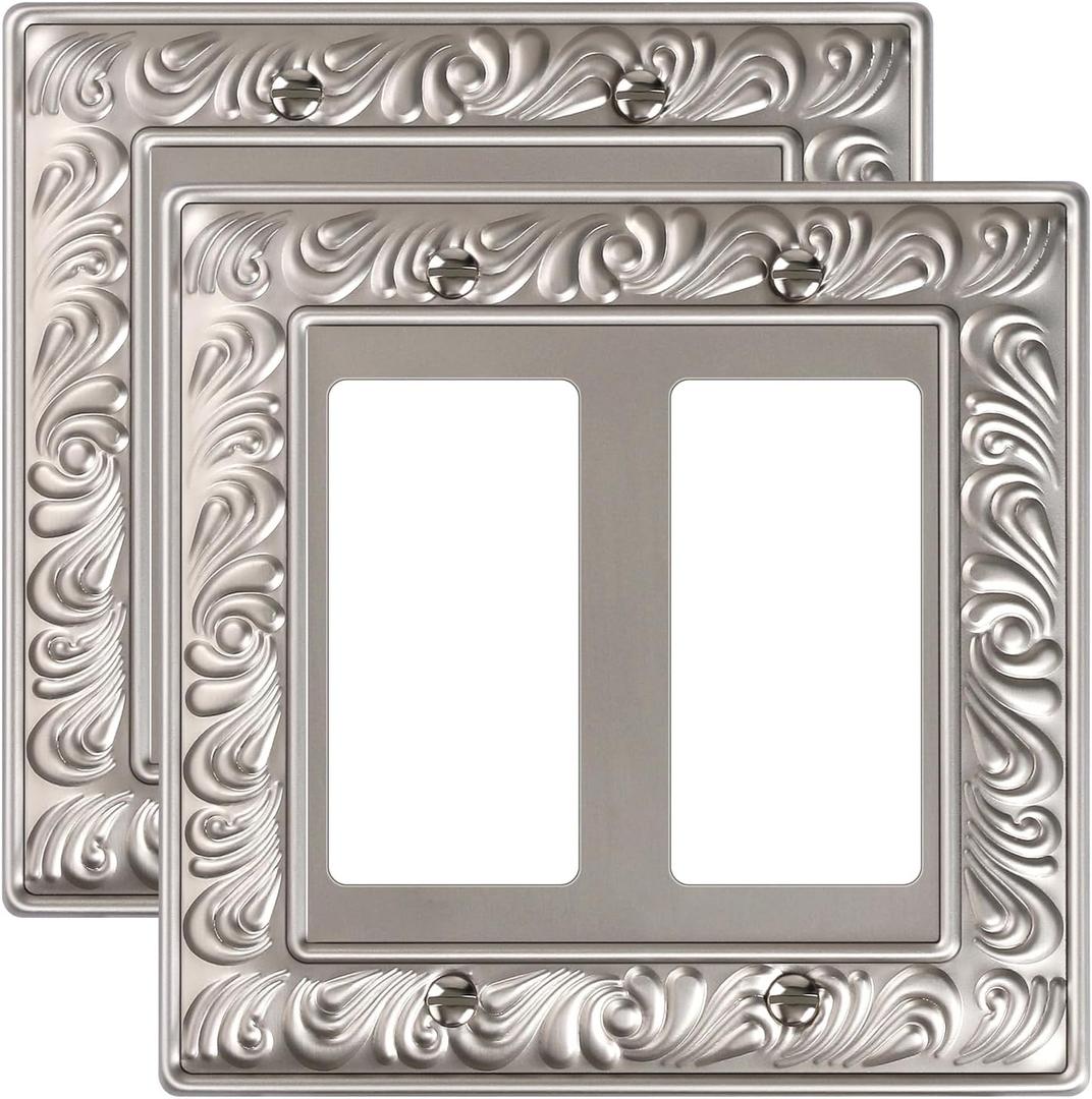 2-Pack Double Decorator Outlet Cover Plate, Paisley Pattern Decorative Switch Plates and Outlet Covers, 2 Gang Satin Nickel Metal Wall Plates, Corrosion Resistant