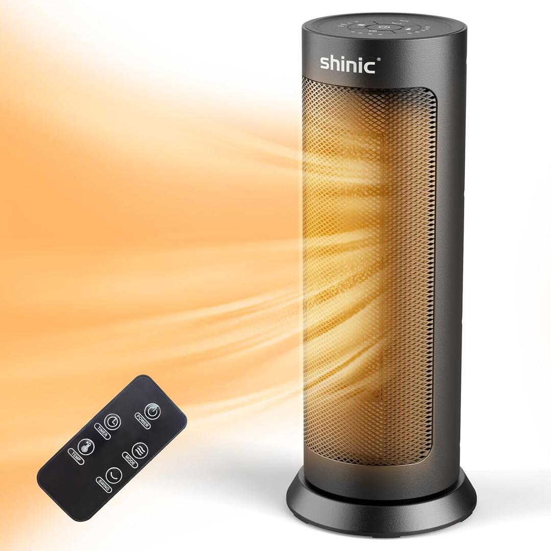 Shinic 18" Space Heater with Remote for Indoor Use, 1500W PTC Ceramic Electric Heater with Thermostat, 70 Oscillation, Fast Heating, 8H Timer, Safe and Quiet, Tower Heater for Bedroom Office Home