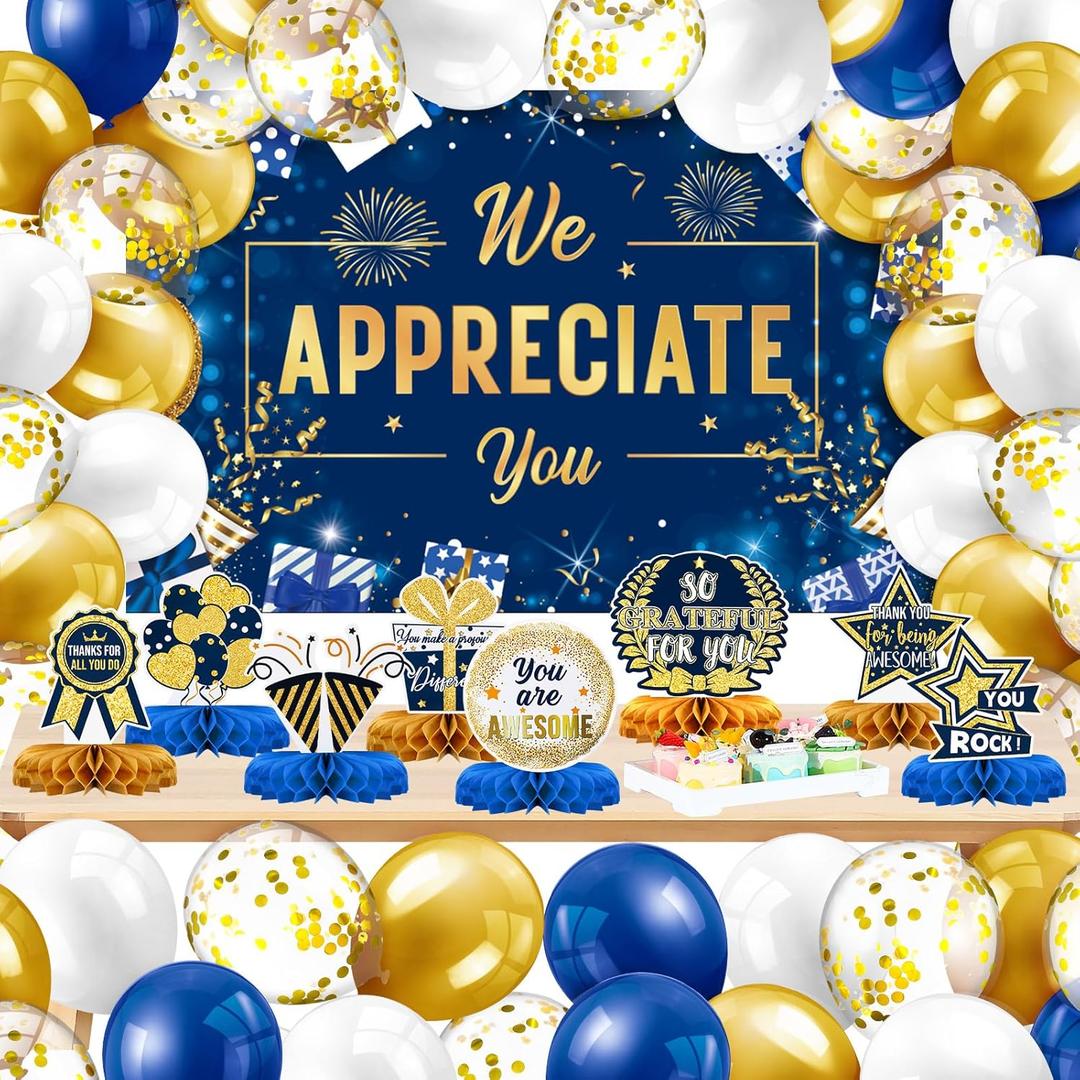 Jetec We Appreciate You Party Decorations Employee Appreciation Party Decor We Appreciate You Banner Backdrop Thank You Tables Decorations Honeycomb and Balloons for Employee Teachers (Blue and Gold)