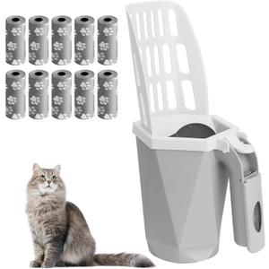 Cat Litter Scooper with Holder Kitty Litter Scoop with Waste Can and 150 Refill Bags, Large Portable Cat Litter Shovel Easy to Clean Suitable for Kittens (Grey)