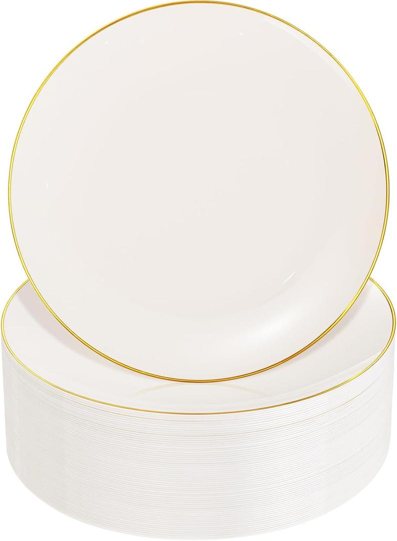 Nervure 100Pcs Ivory and Gold Plastic Plates - 10.25inch Disposable Ivory Dinner Plates - Heavy Duty Plastic Plate Ideal for Wedding & Party