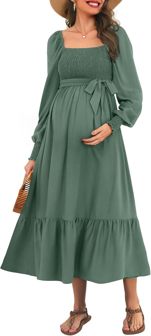 Talisea Maternity Dress for Baby Shower - Fall Spring Photoshoot Smocked Square Neck Pregnancy Wedding Guest Midi Dress (Green, XL)
