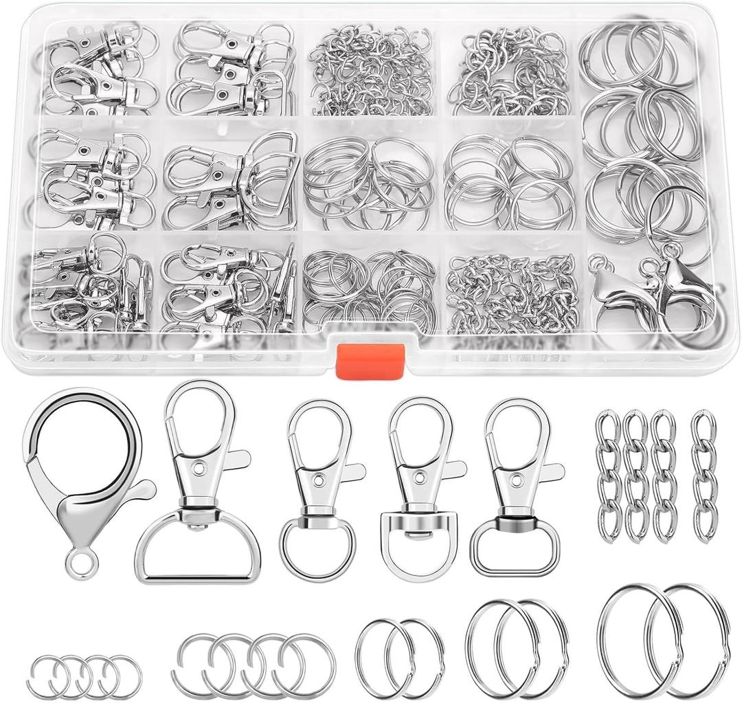 PAXCOO 300PCS Keychain Making Kit, Keychain Craft Supplies Including Key Chain Clips, Lanyard Snap Hooks, Key Rings and Jump Rings for Key Chain Making, Purse Making, Lanyard Making (Silver)