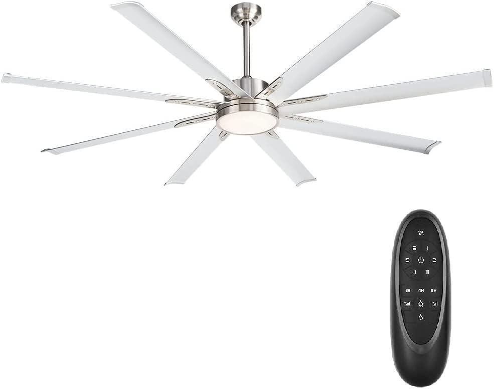 BiGizmos 72 Inch Industrial DC Motor Ceiling Fan with LED Light, ETL Listed Damp Rated Indoor or Covered Outdoor Ceiling Fans for Living Room Basement Sunroom Porch Patio, 6-Speed Remote Control (Brushed Nickel)