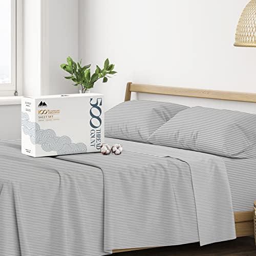 Mayfair Linen 100% Cotton Striped Sheets Queen Size Bed Set - 500 Thread Count Damask Sheets Queen Size 4 PC Set (Silver Stripe), Soft, Cooling, Sateen Weave Hotel-Quality 16" Deep Pocket Bedsheet