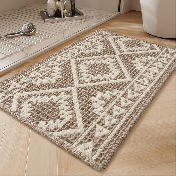 Waffle Bath Mat 24"x36"-Super Absorbent Bath Mats for Bathroom, Machine Washable Non Slip Bathroom Rug with Tassels, Soft Bathroom Mat for Laundry Room, Bedroom, Brown & Cream, 2'x 3'