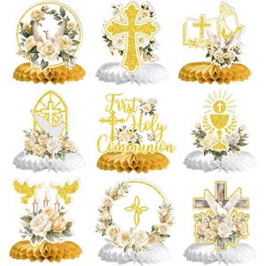 First Holy Communion Honeycomb Centerpieces, Baptism Decorations, God Bless Religious Party Table Decor, First Communion Table Centerpiece, Christening Baby Shower Party Decorations 9PCS