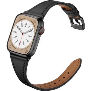 Slim Leather Bands Compatible with Apple Watch Band 46mm/49mm/45mm/44mm/42mm, Genuine Leather Strap for iWatch Series 11/10/9/8/7/6/5/4/3/2/1 SE 3/2/1 Ultra 3 2 1 Women, Black/Black