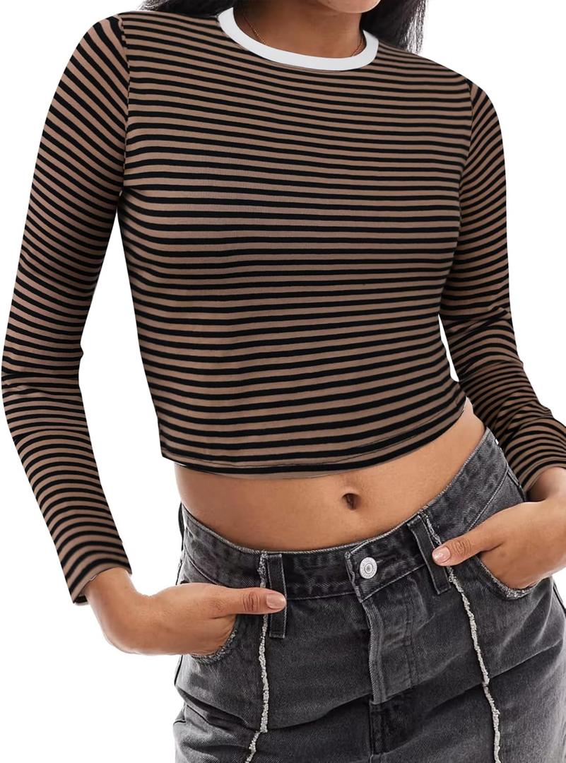 LilyCoco Womens Striped Long Sleeve Crop Top Crewneck Basic Fitted T Shirts Brown X-Large