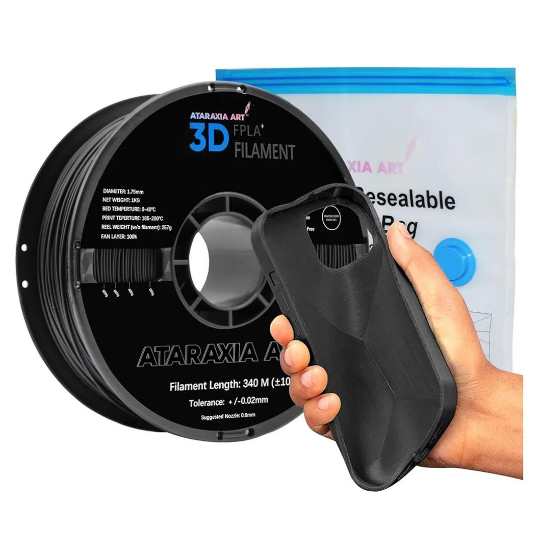 ATARAXIA ART Flexible PLA Filament 1.75mm,Flexible 3D Printer PLA 1Kg/2.2lb Spool 5X Longer Stretch,Easy Than TPU Extruder,89A Shore Hardness,±.03mm Patent Formula,Filament Storage Bag, FPLA Black