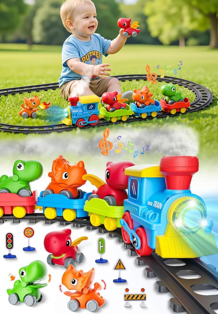 Train Set for Toddlers w/Steam, Music & Lights - Electric Train Toys for Kids w/Tracks Accessories, Including 3 Dinosaur Car and 3 Trailer, Christmas Birthday Gifts for 3 4 5 6+ Years Old Boys Girls 