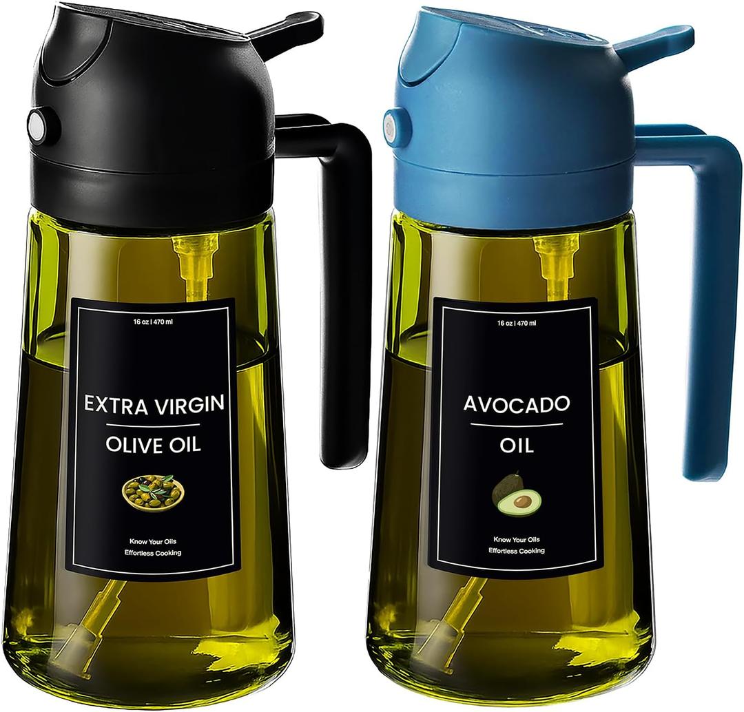 CXINYI - 16oz/470ml Olive Oil Dispenser for Kitchen with Stickers - 2 in 1 Olive Oil Sprayer for Cooking, Air Fryer, and Salad, Black&Blue (Light-Proof Kitchen Gadget)