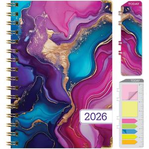 HARDCOVER 2026 Planner, 5.5"x8": 14 Months (November 2025 - December 2026), Daily Weekly Monthly Planner, Yearly Agenda, Bookmark, Pocket Folder and Sticky Note Set (Pink Purple Marble)