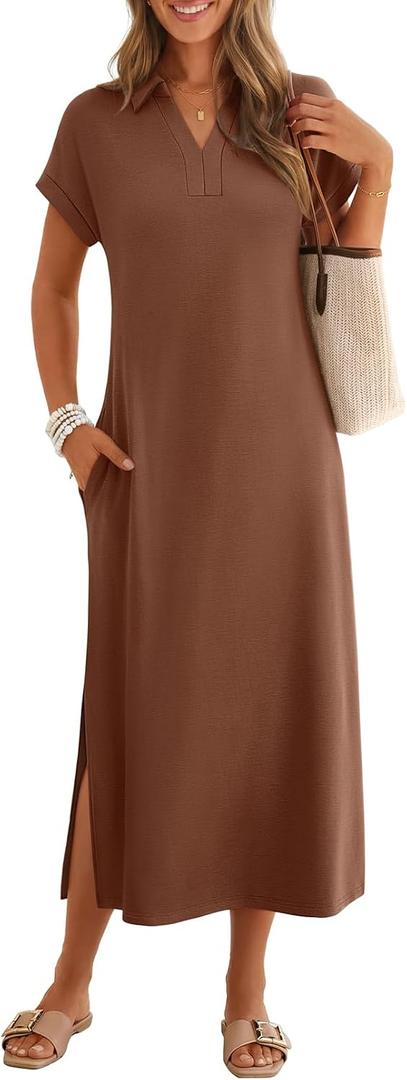 MEROKEETY Women's Summer Casual Maxi Dress 2026 Cap Sleeve V Neck Collared Beach Vacation T Shirt Long Dresses (Brown, M)